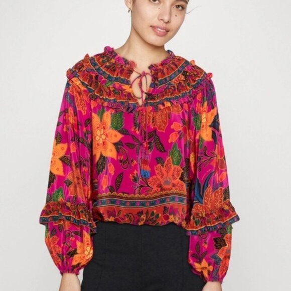 Farm Rio Tropical Tapestry Long Sleeve Ruffle Top Size Large - Picture 1 of 5